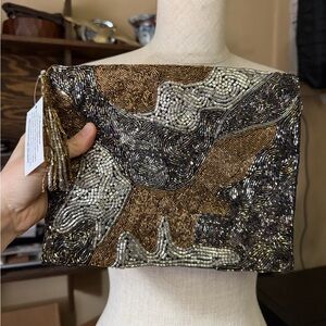 Guadalupe Design Beaded Tassel Clutch Purse, Silver and Gold Abstract Pattern